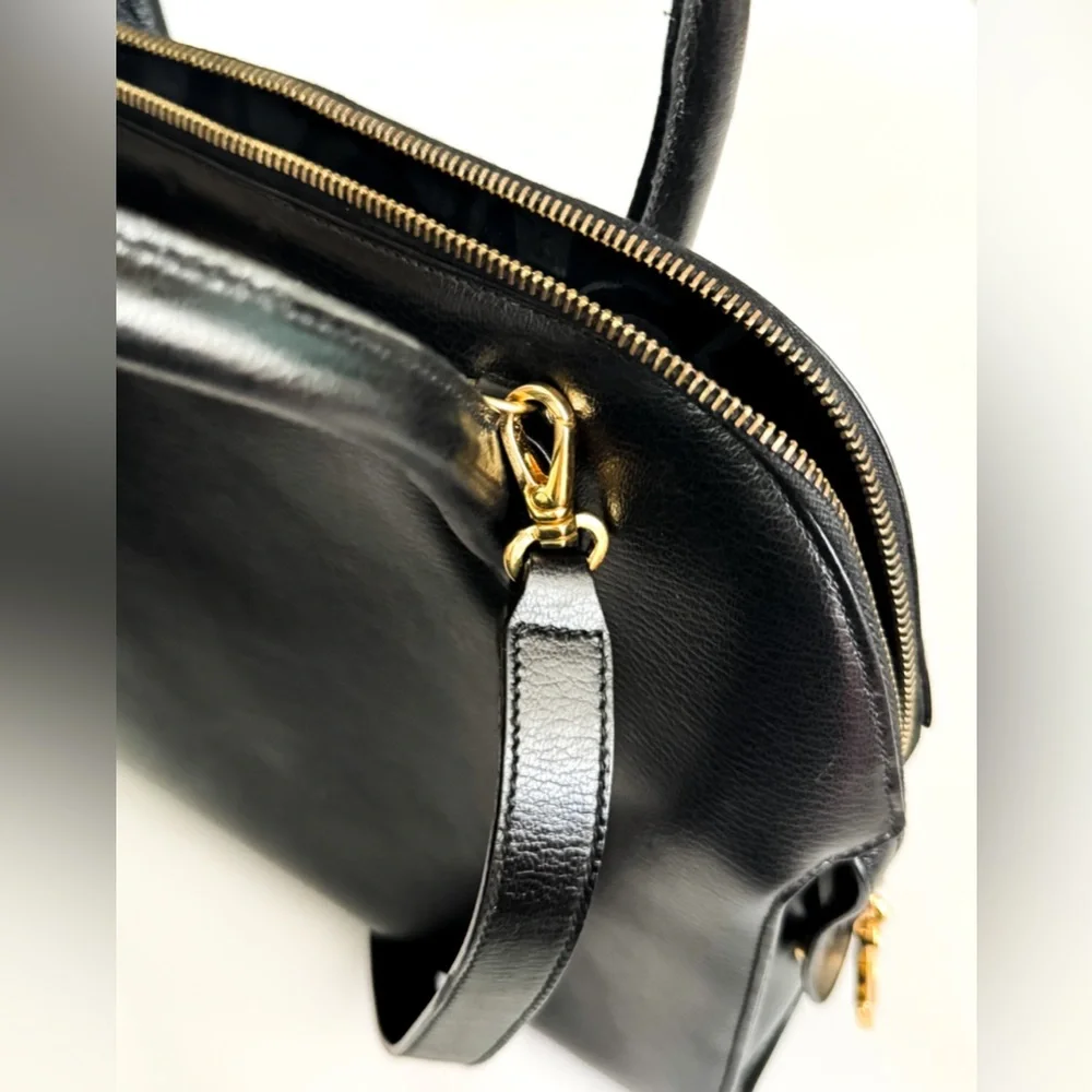 Salvatore Ferragamo Gancini Black Leather Dome Satchel 2-Way Gold Hardware